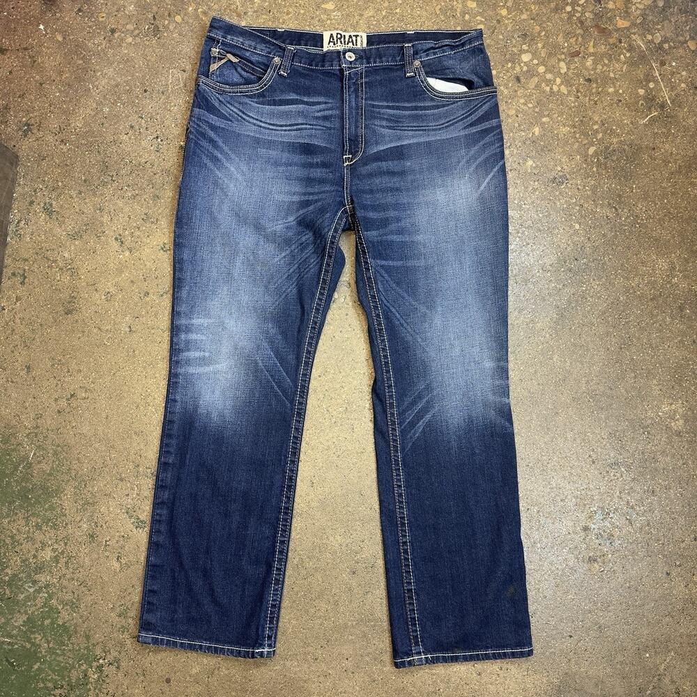 Ariat Low Rise Boot Cut Jeans Mens 42x34 Stretch Dark Blue Faded Western